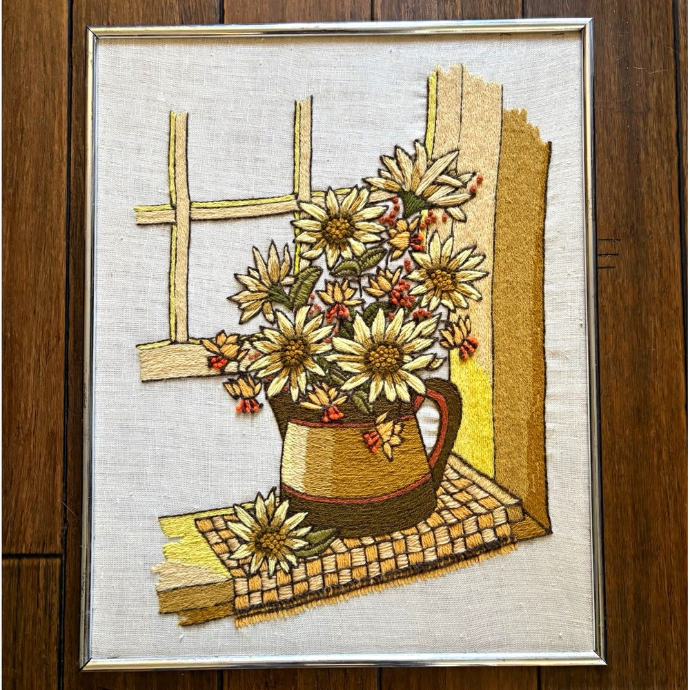 Framed Crewel Embroidery 1970s style Floral Still Life Daisies in Vase by Window
